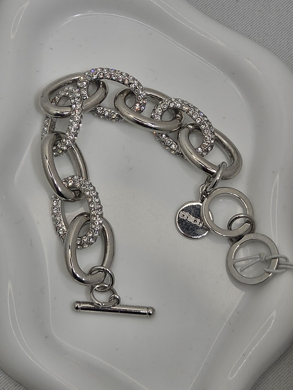 ✨ Chico’s Silver Tone Rhinestone Pave Chain Link Toggle Bracelet NWT ✨